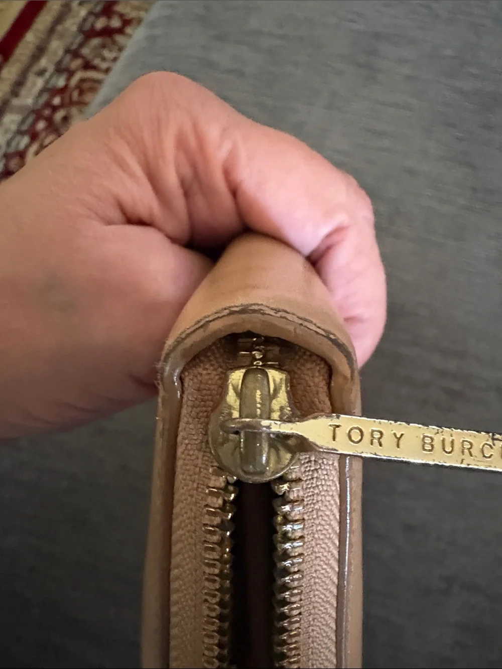 Tory Burch Tan Zip-Around Wallet with Gold Emblem